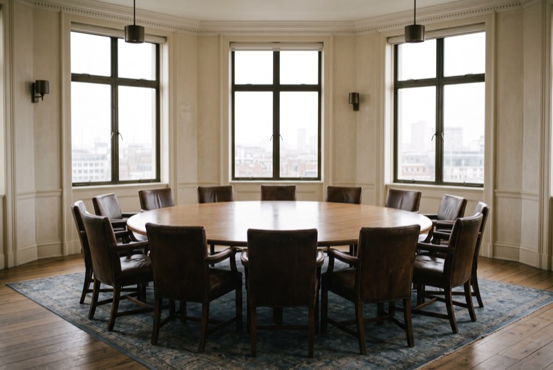 A round forum table with twelve leather chairs in a top-floor room