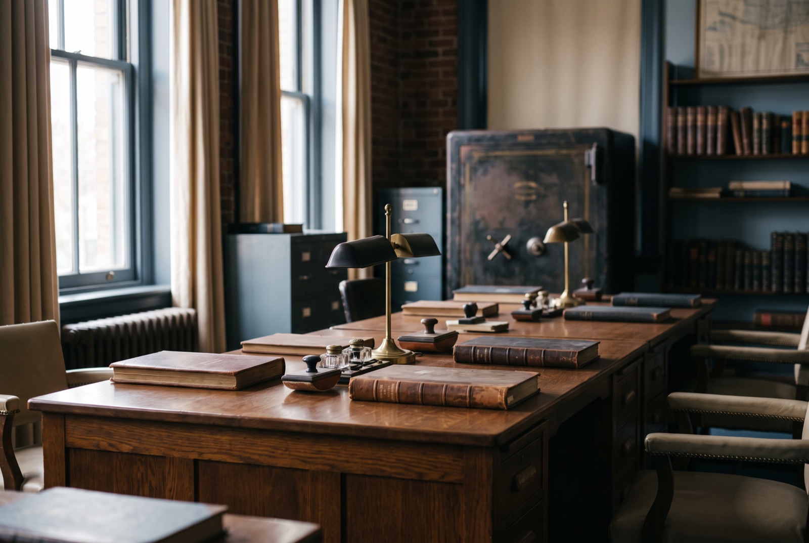 A heritage office with a long desk, closed ledgers and brass lamps