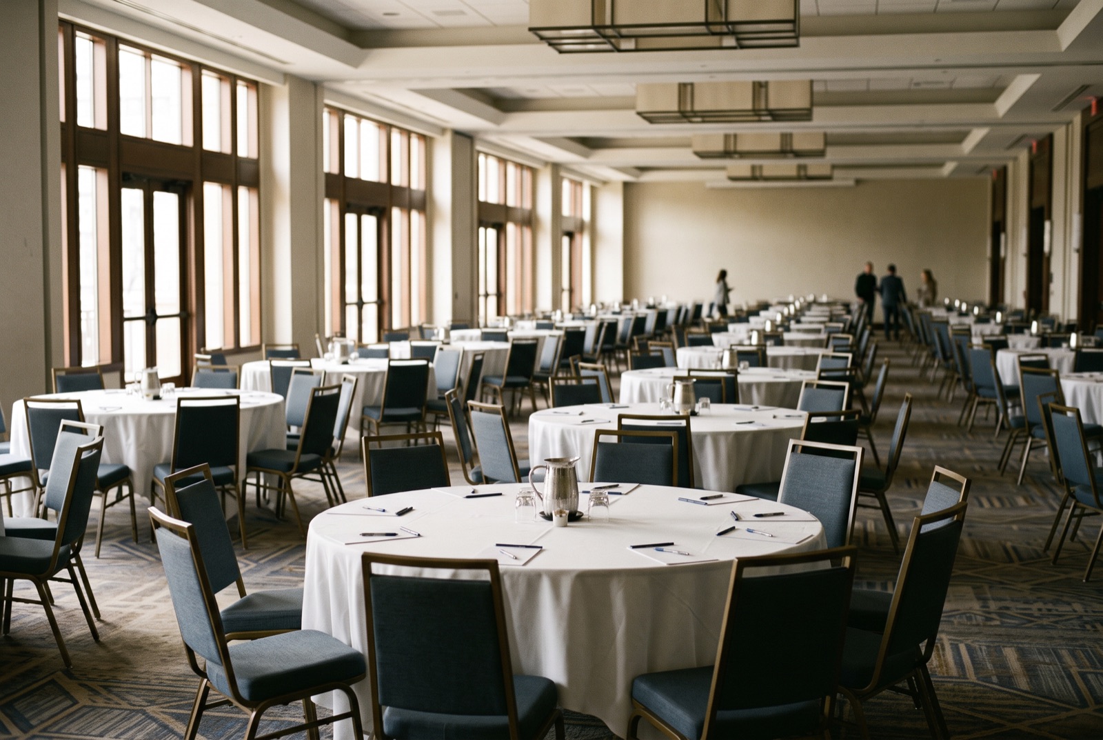 A hotel ballroom set for a leadership summit, round tables and empty chairs