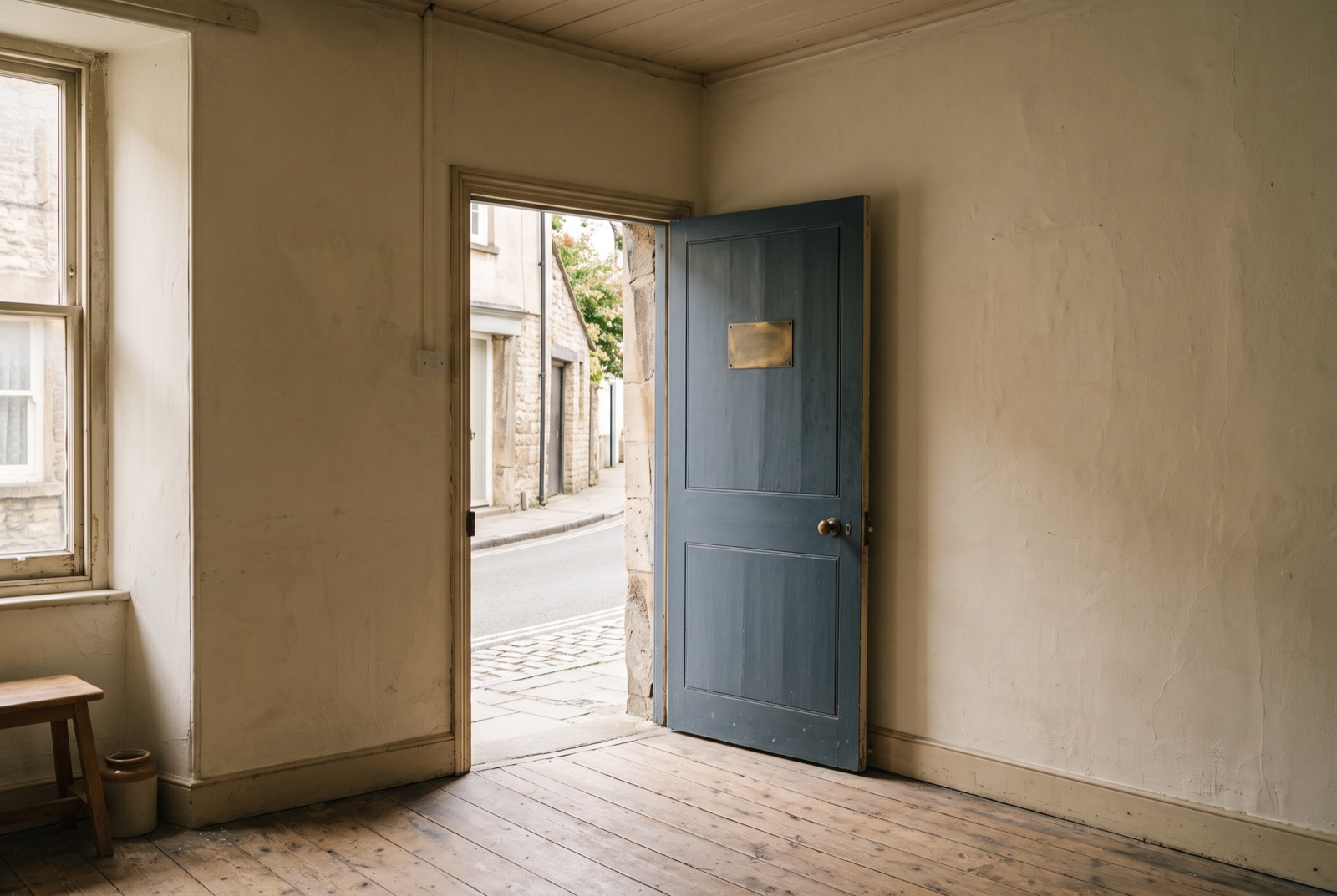 An unmarked door with a blank brass plate on a quiet street