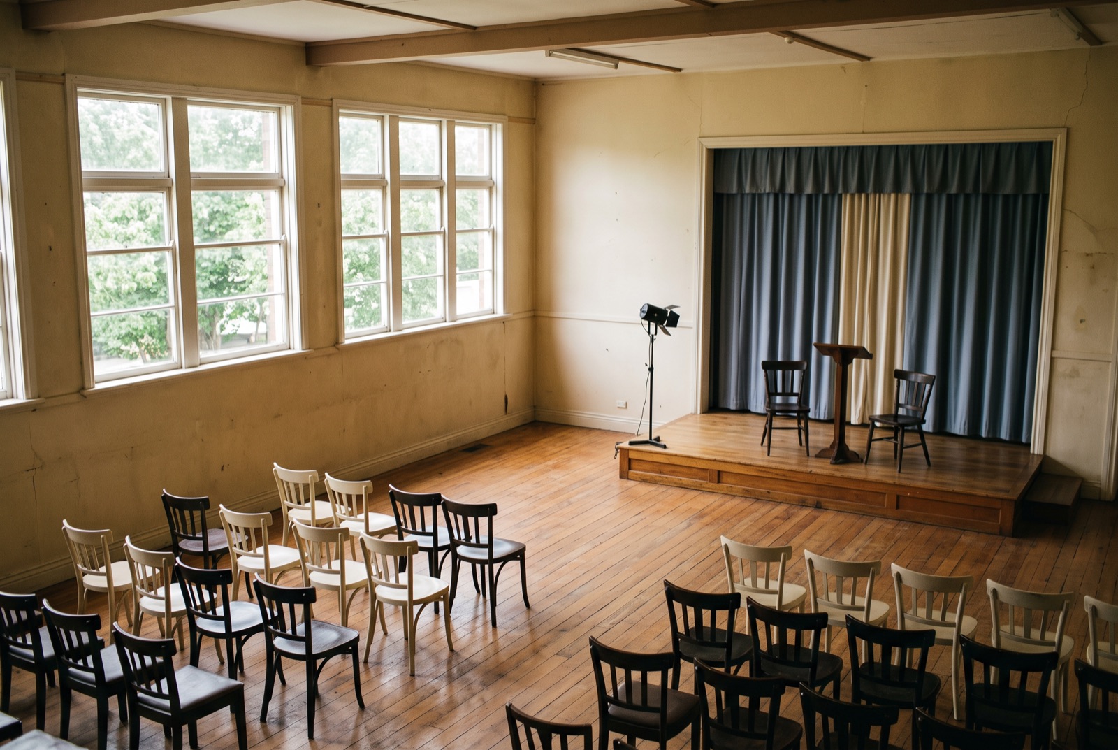 A small stage with two chairs and a spotlight before a session