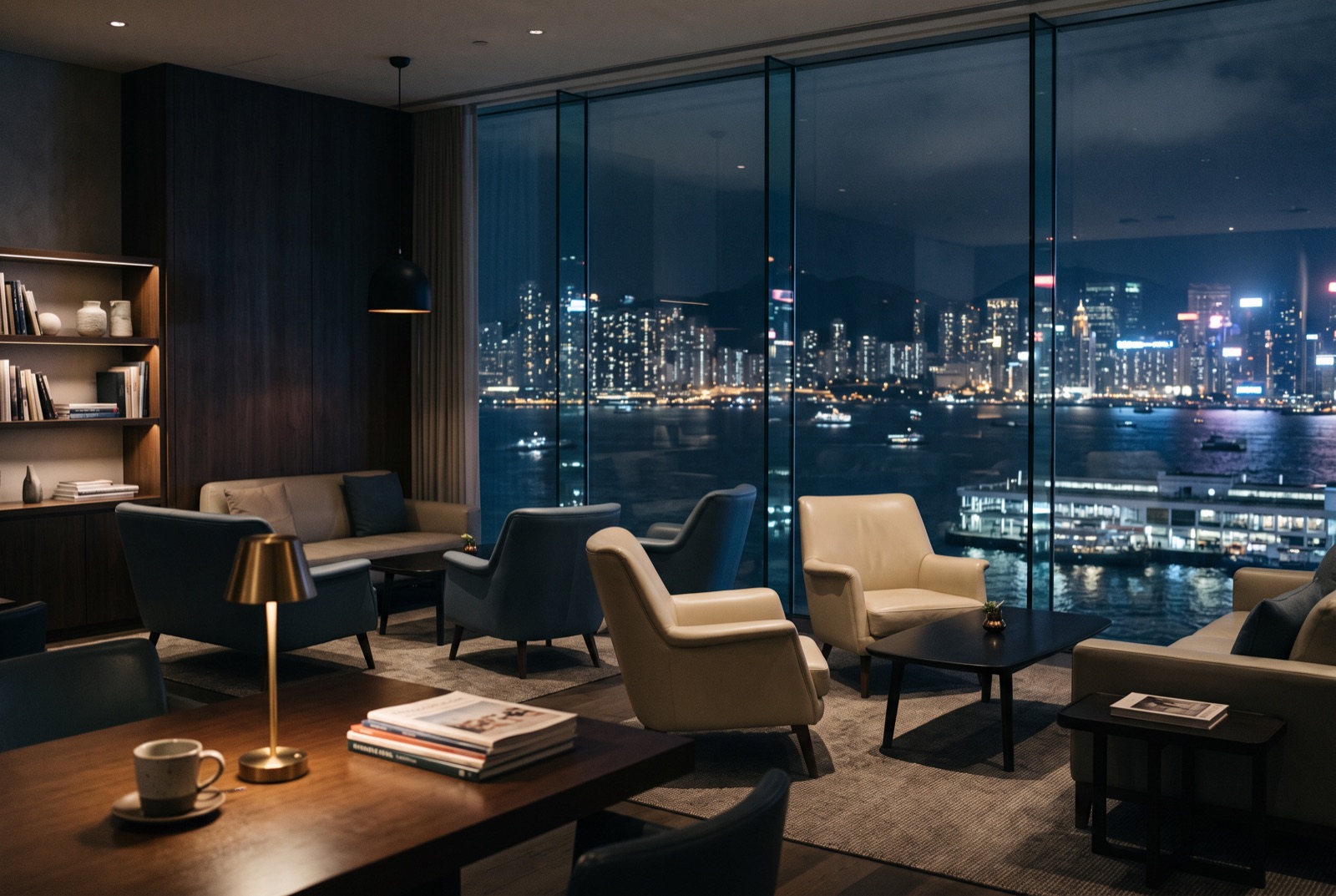 A modern lounge with a harbour view at night