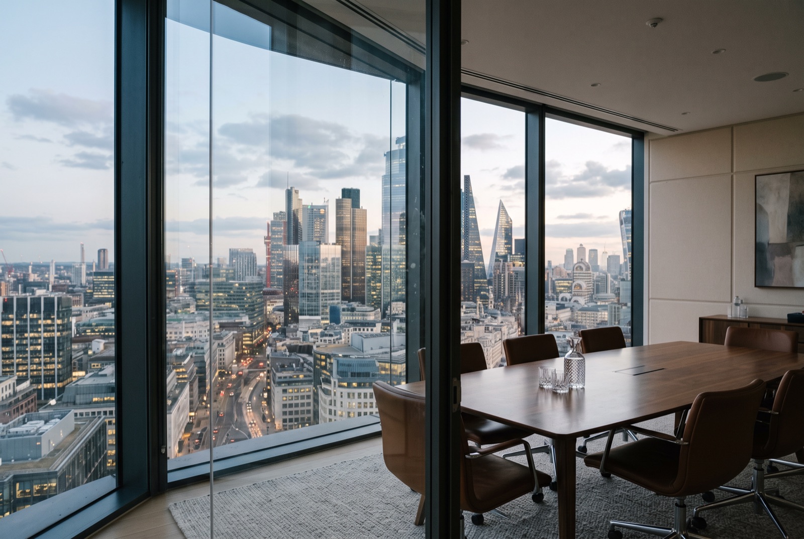 A glass boardroom high above a financial district