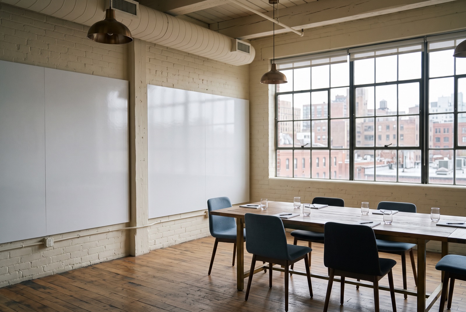 A loft meeting room with whiteboards and city windows