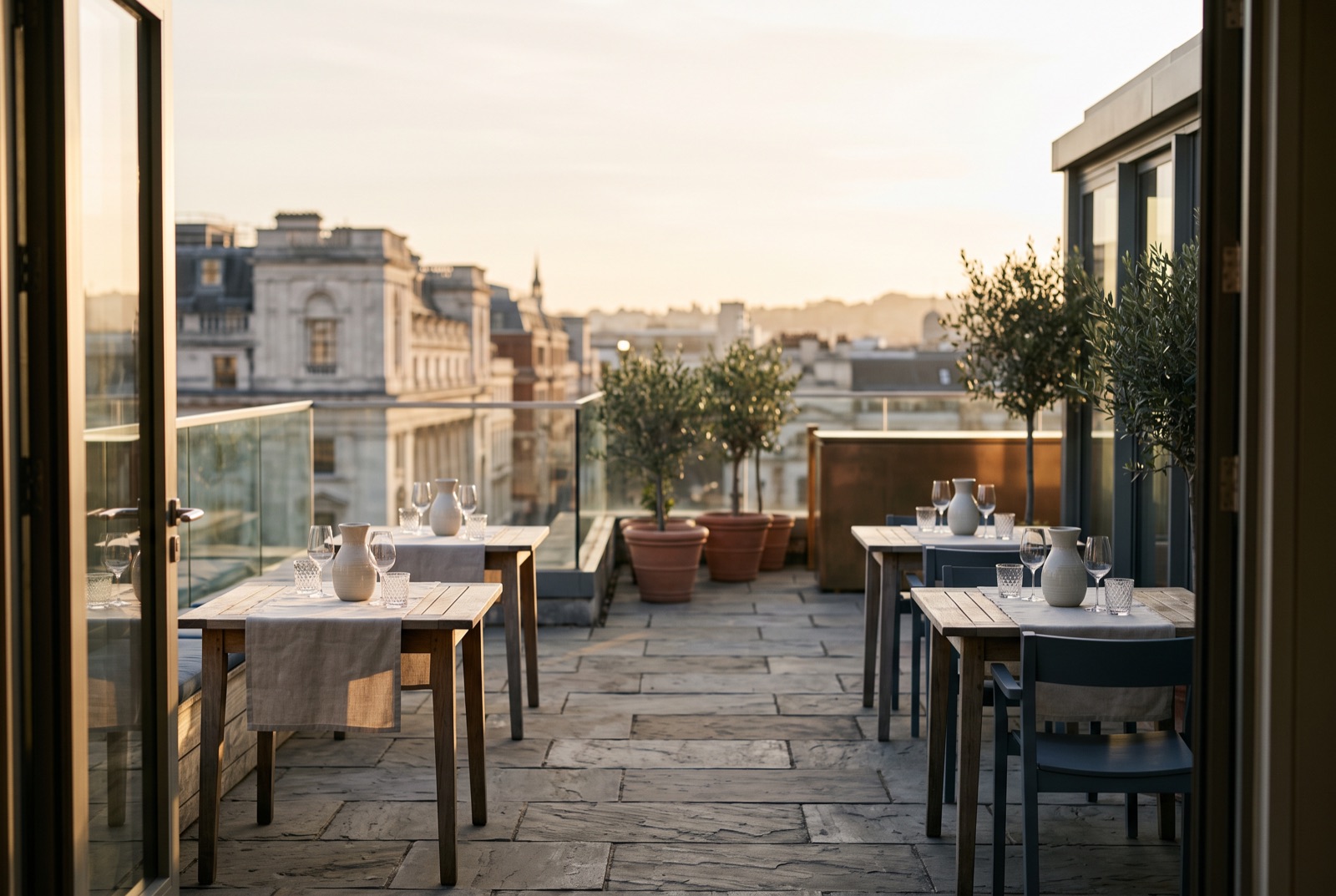 A rooftop reception at golden hour, glassware catching the light