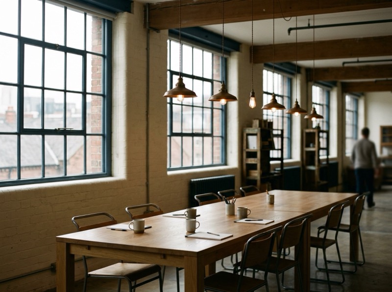 A converted warehouse meeting space with pendant lamps and a long table