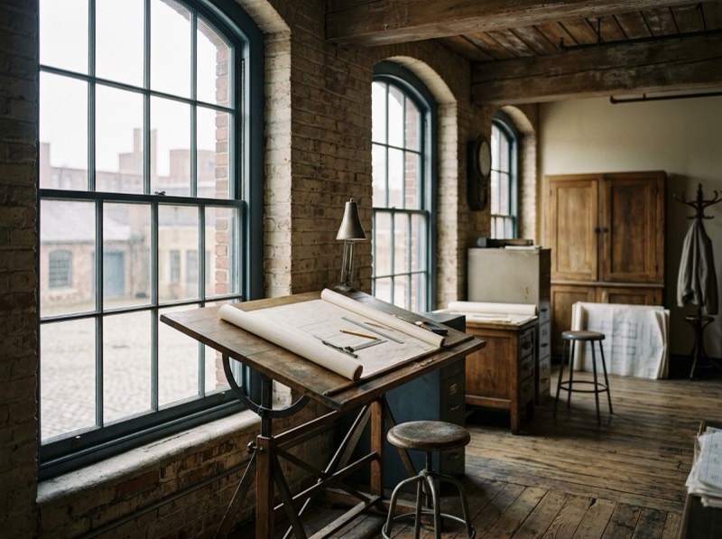 A mill office with tall windows and a drafting table