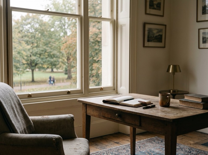 A drawing room with a writing desk and a view of a park