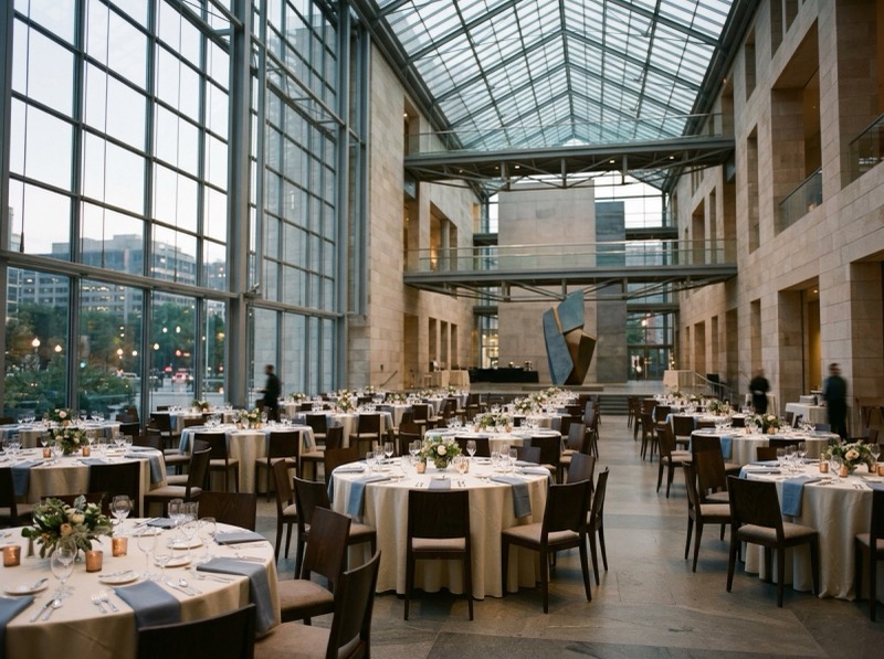 A museum atrium set for a benefit dinner