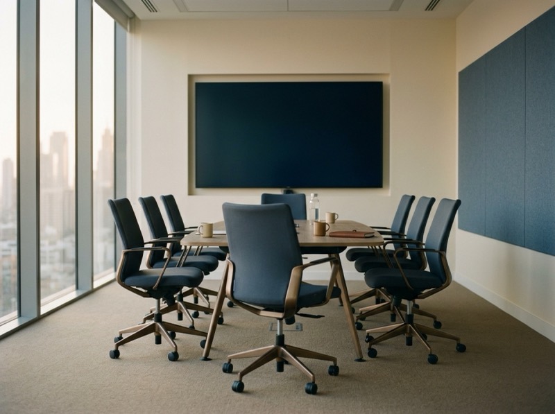 A pitch room with a dark screen, six chairs and morning light