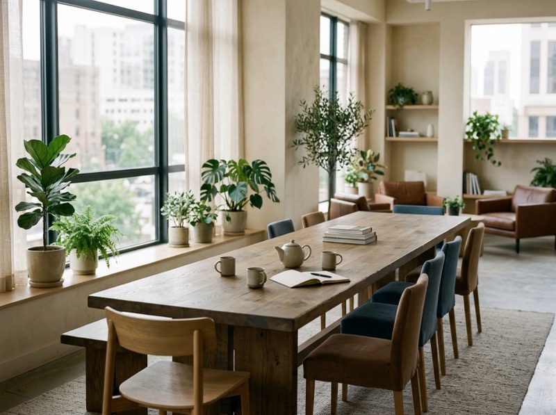 A sunlit lounge with a long communal table and plants