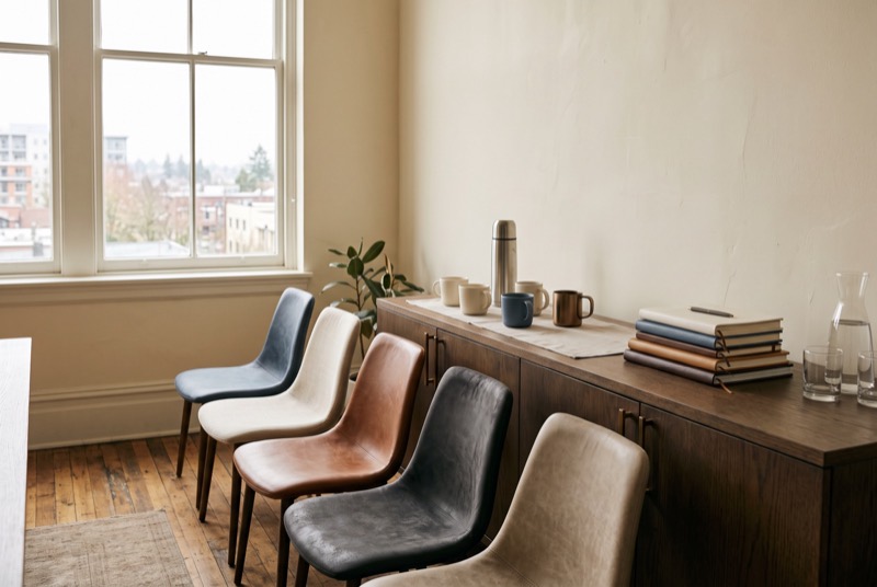 A boardroom sideboard with coffee cups and a stack of closed notebooks
