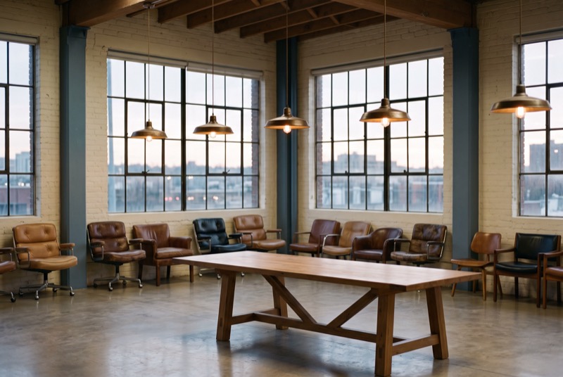 A converted warehouse meeting space with pendant lamps and a long table