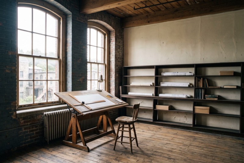 A mill office with tall windows and a drafting table