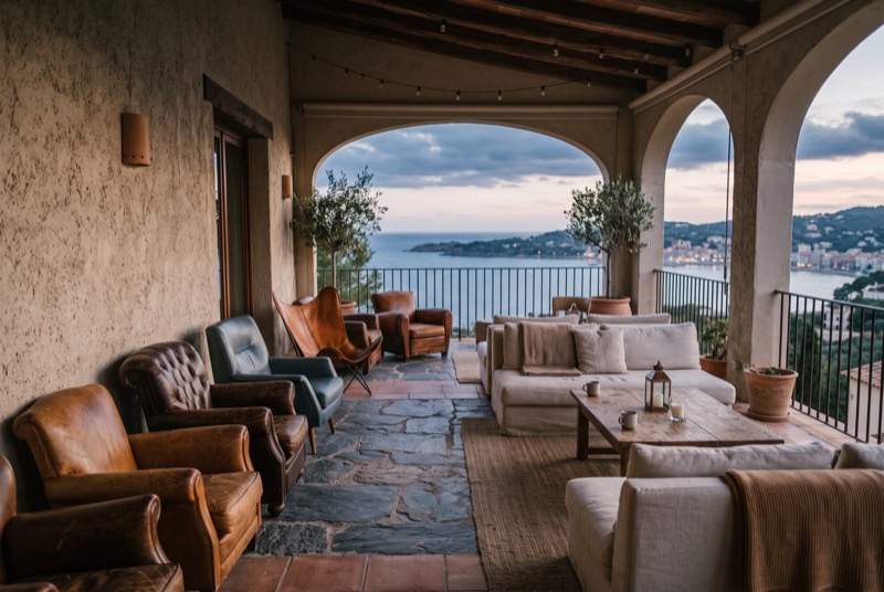 A hotel terrace lounge above a bay with low sofas at dusk
