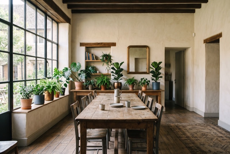 A sunlit lounge with a long communal table and plants