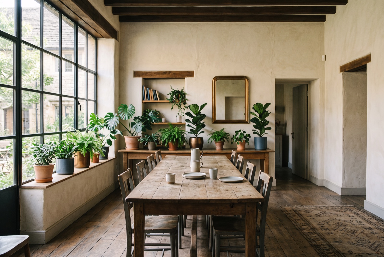 A sunlit lounge with a long communal table and plants
