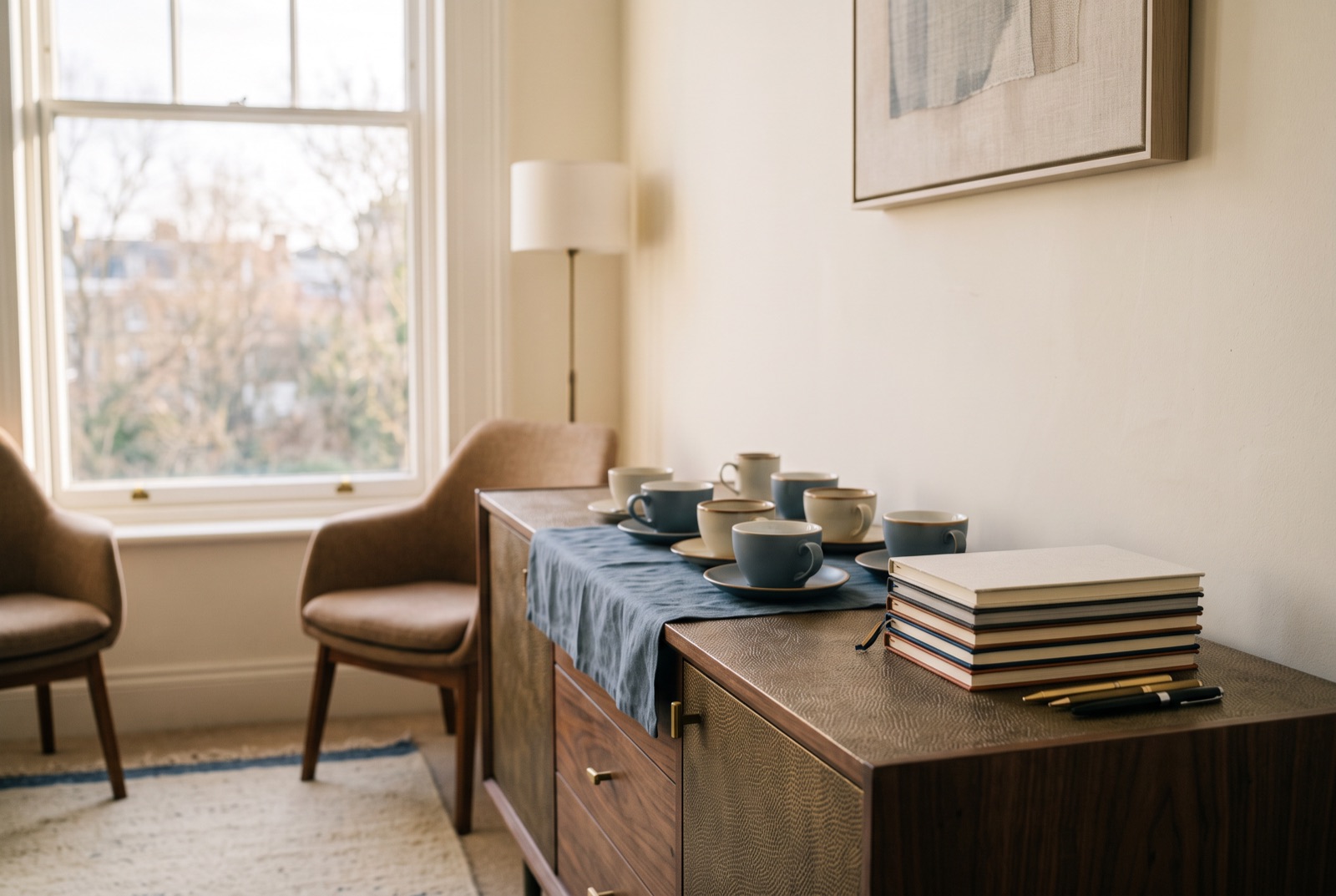 A boardroom sideboard with coffee cups and a stack of closed notebooks