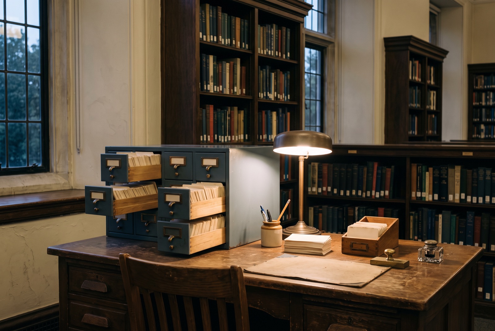 A librarian's desk with index cards