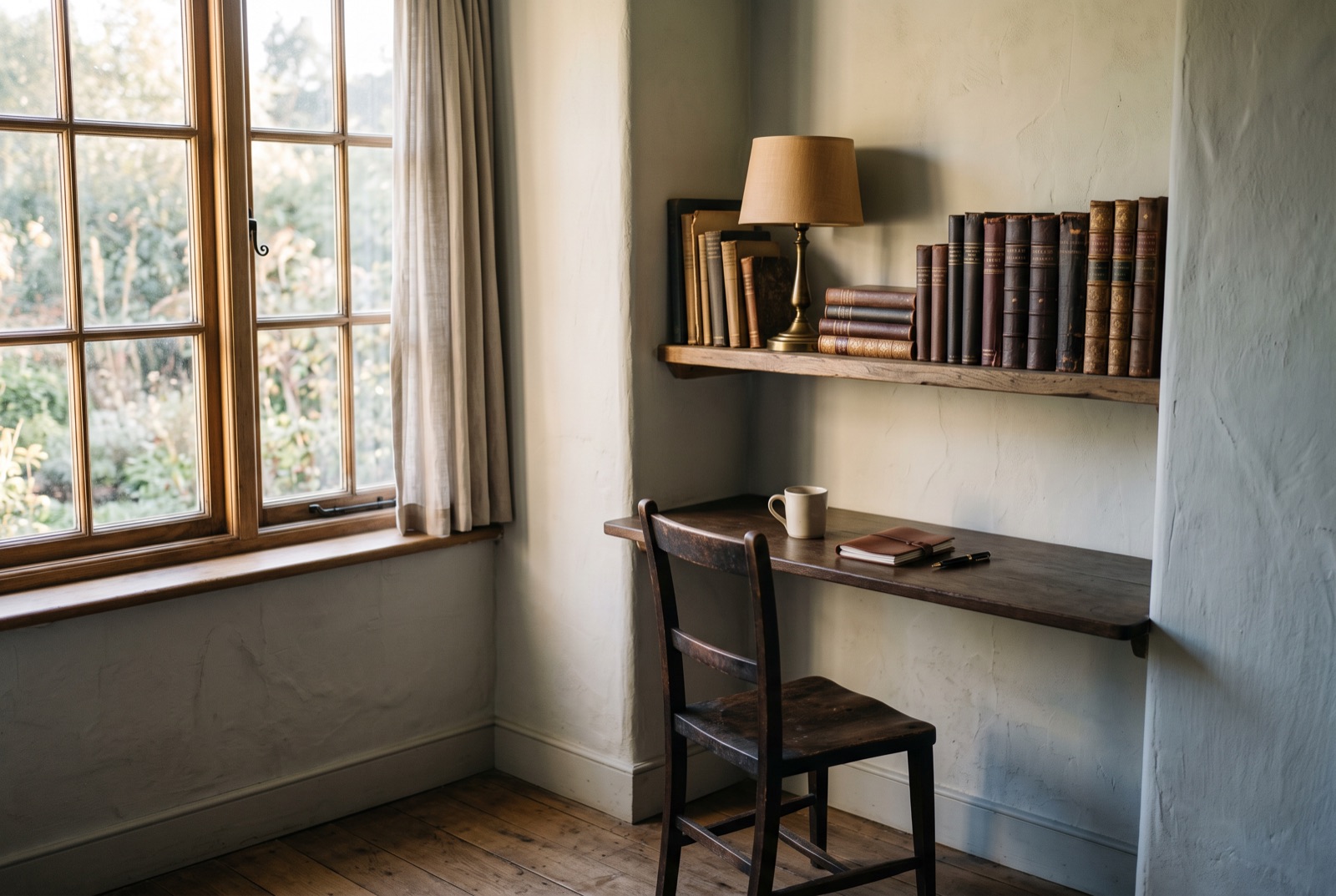 A study shelf with leather volumes and a small lamp
