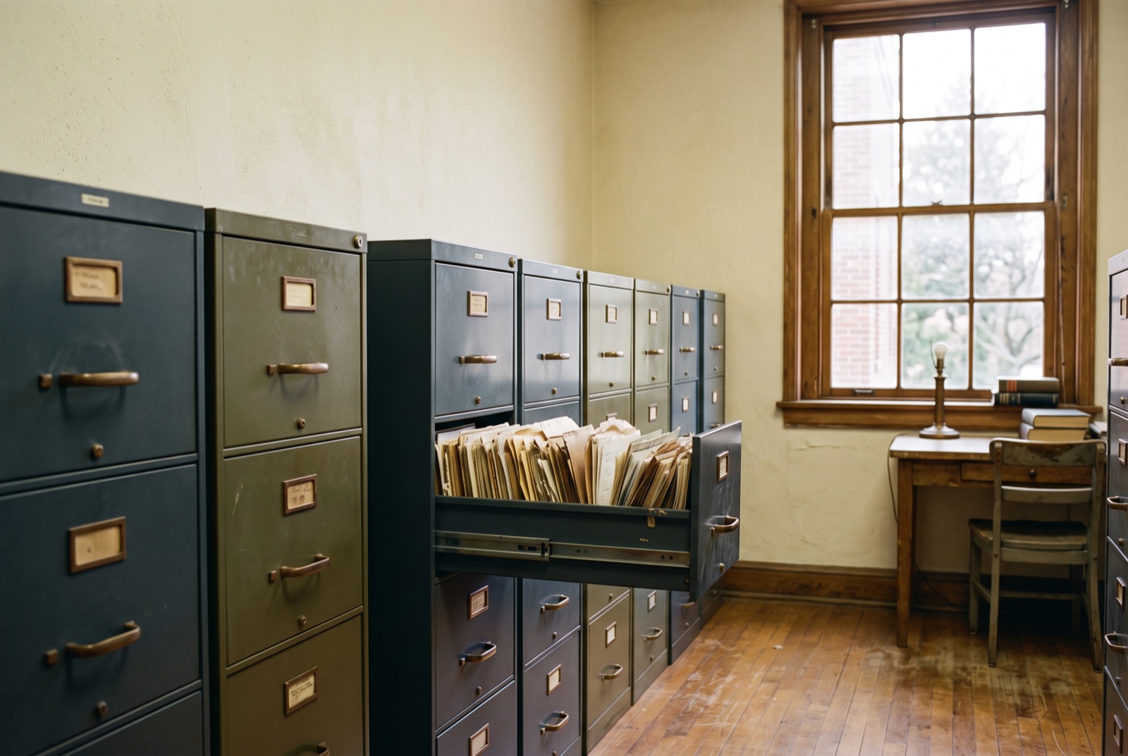 An archive room with filing cabinets and one open drawer