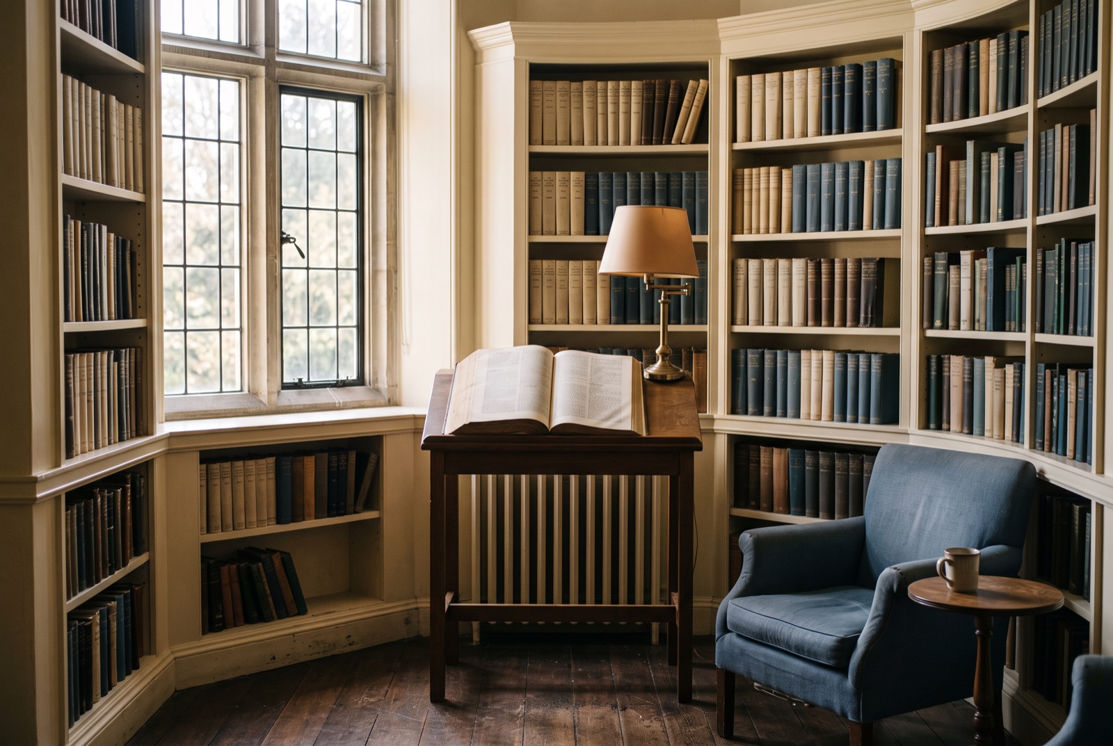 A dictionary stand with a lamp in a library alcove
