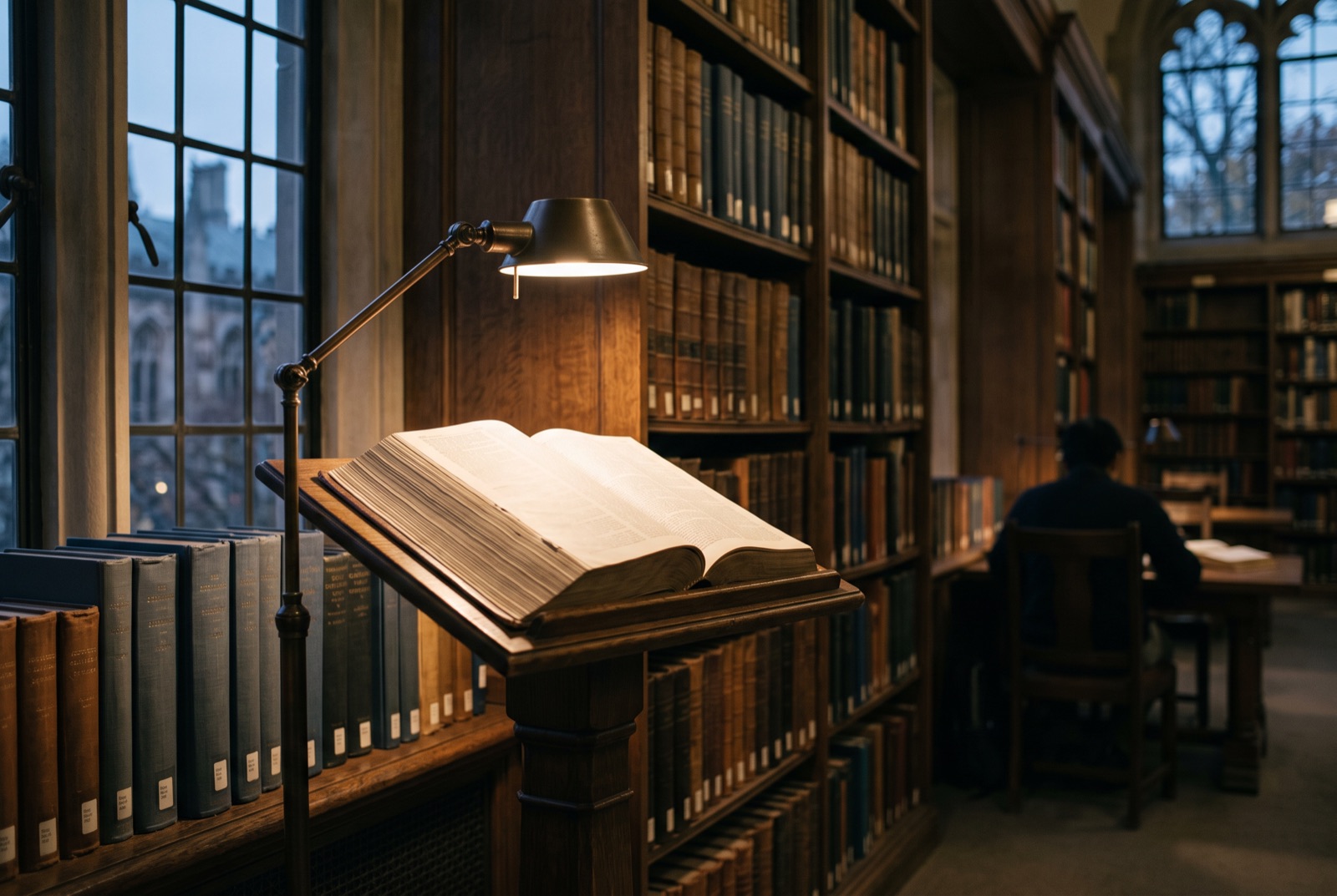 A dictionary stand with a lamp in a library alcove