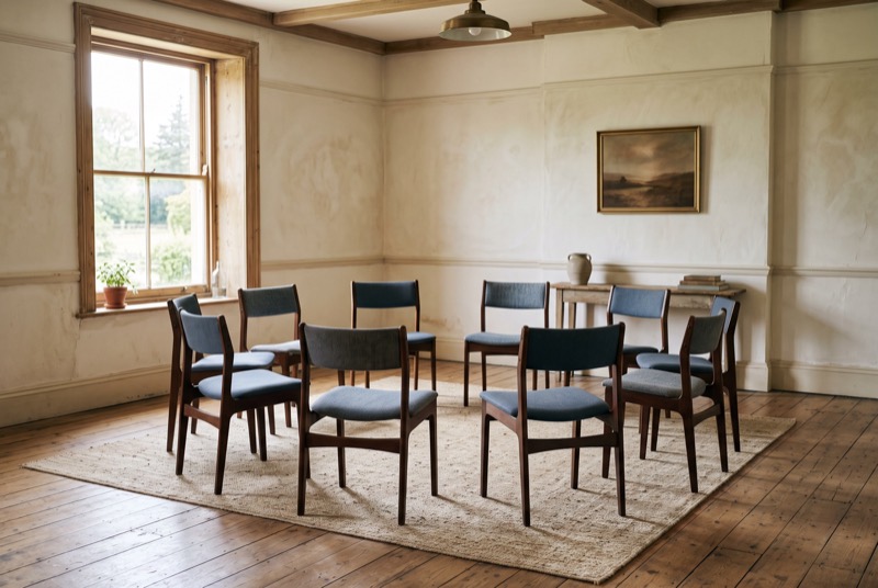 A circle of eight chairs in a quiet room
