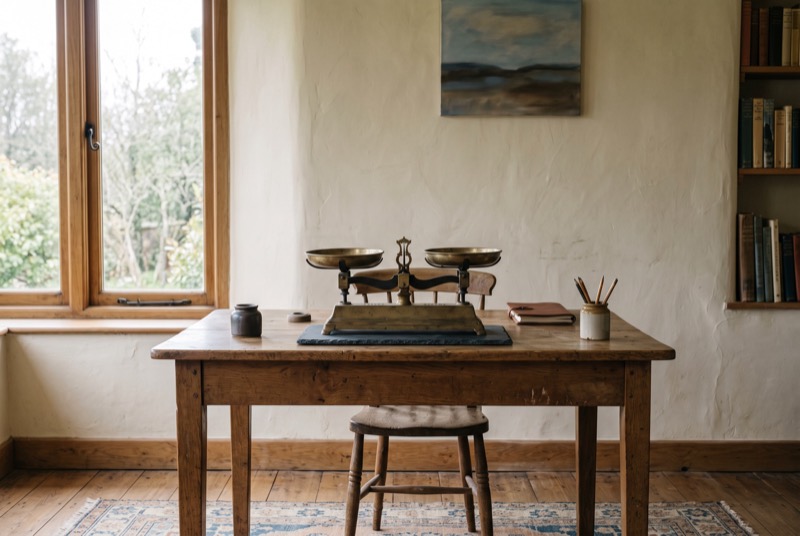 A balance scale on a desk with nothing on the pans