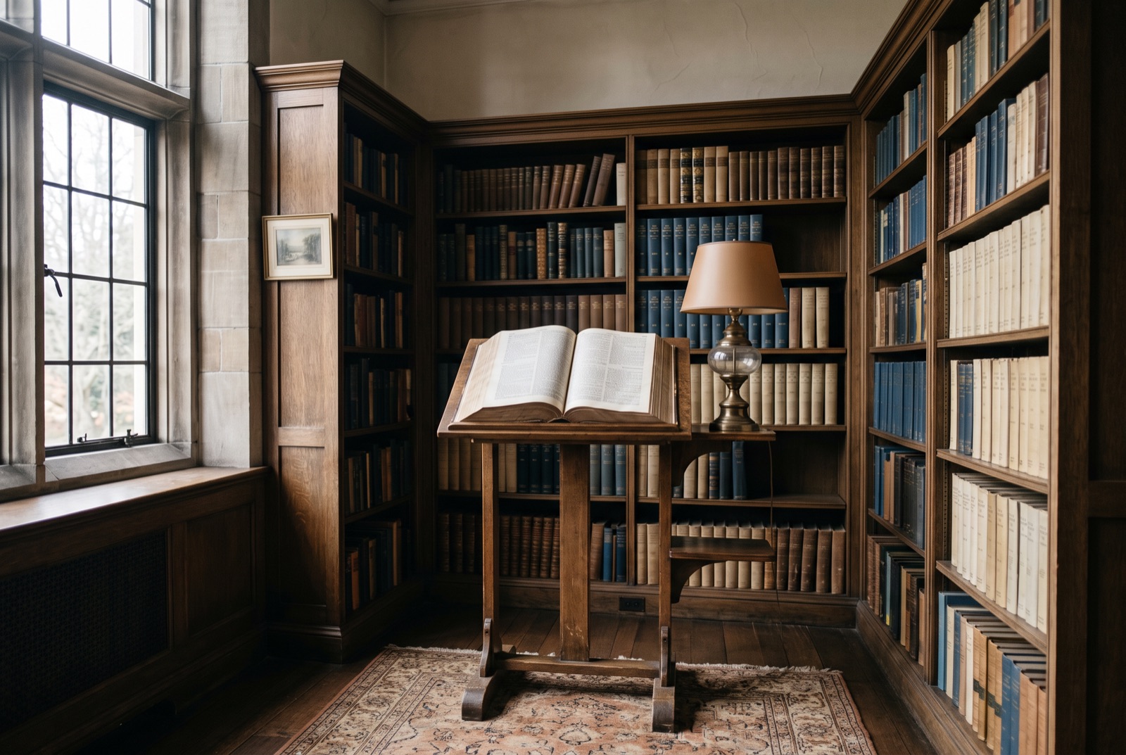 A dictionary stand with a lamp in a library alcove