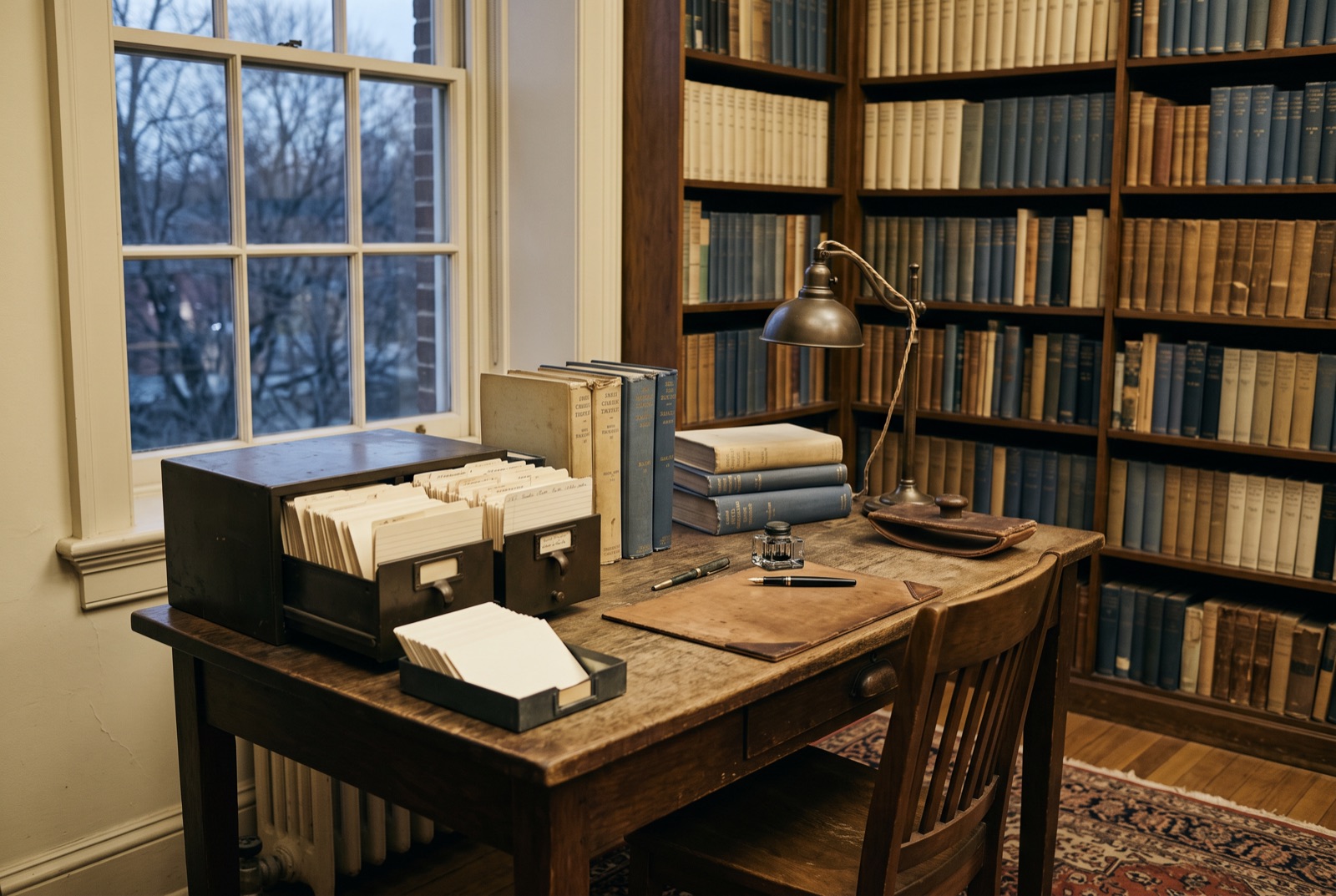 A librarian's desk with index cards