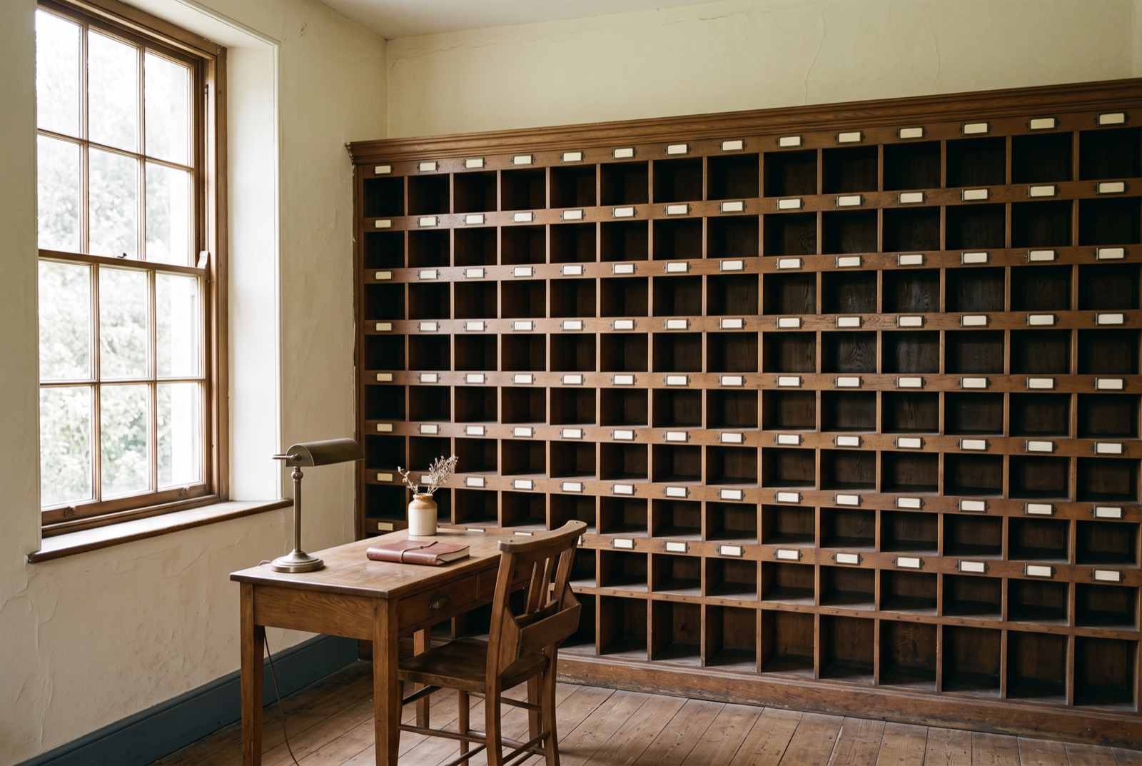 A wall of pigeonholes with blank labels in a study