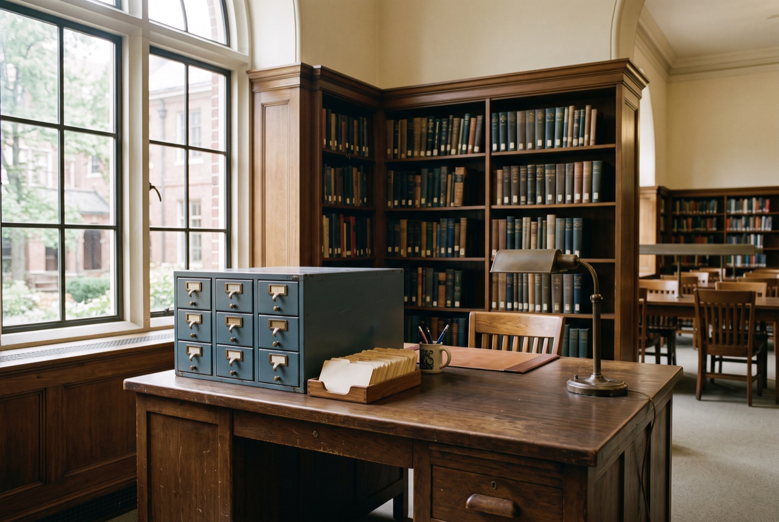 A librarian's desk with index cards