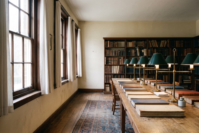 A long desk with rows of closed ledgers under green lamps