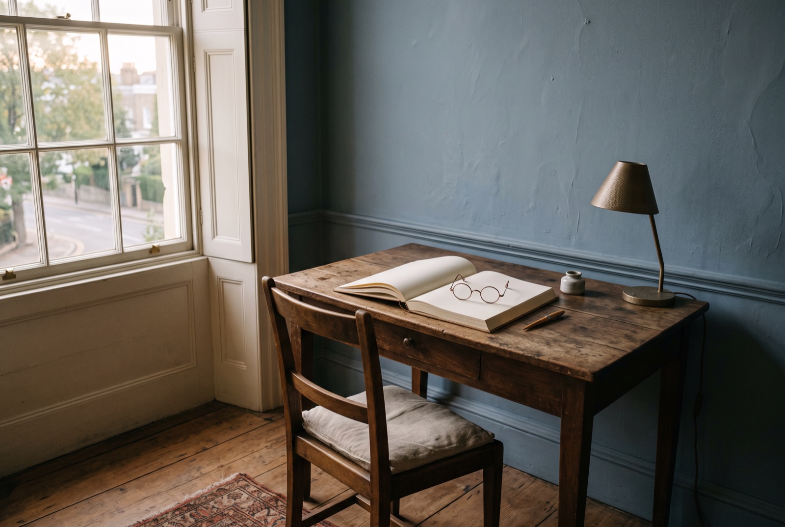 A reading desk with an open blank book and spectacles