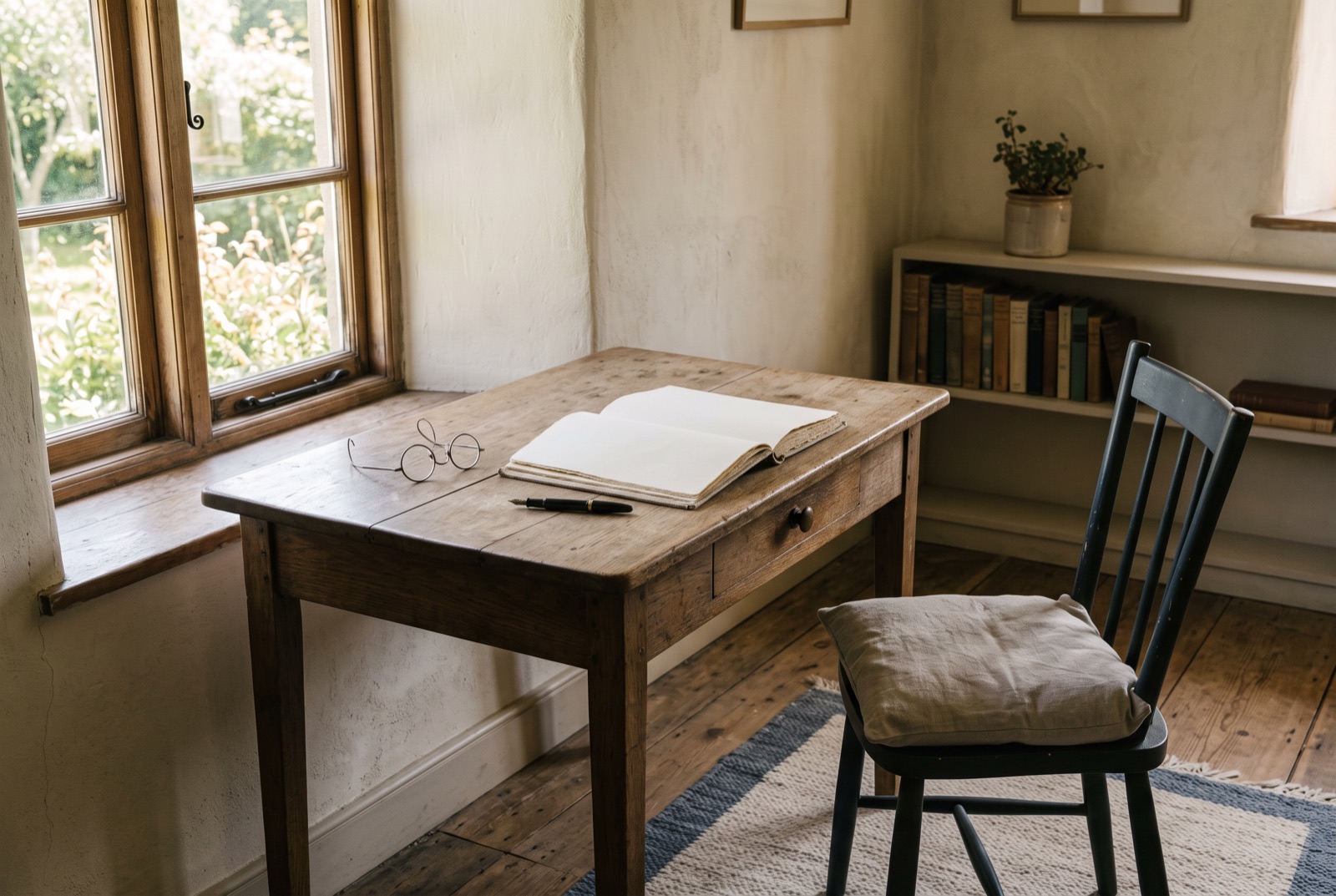 A reading desk with an open blank book and spectacles