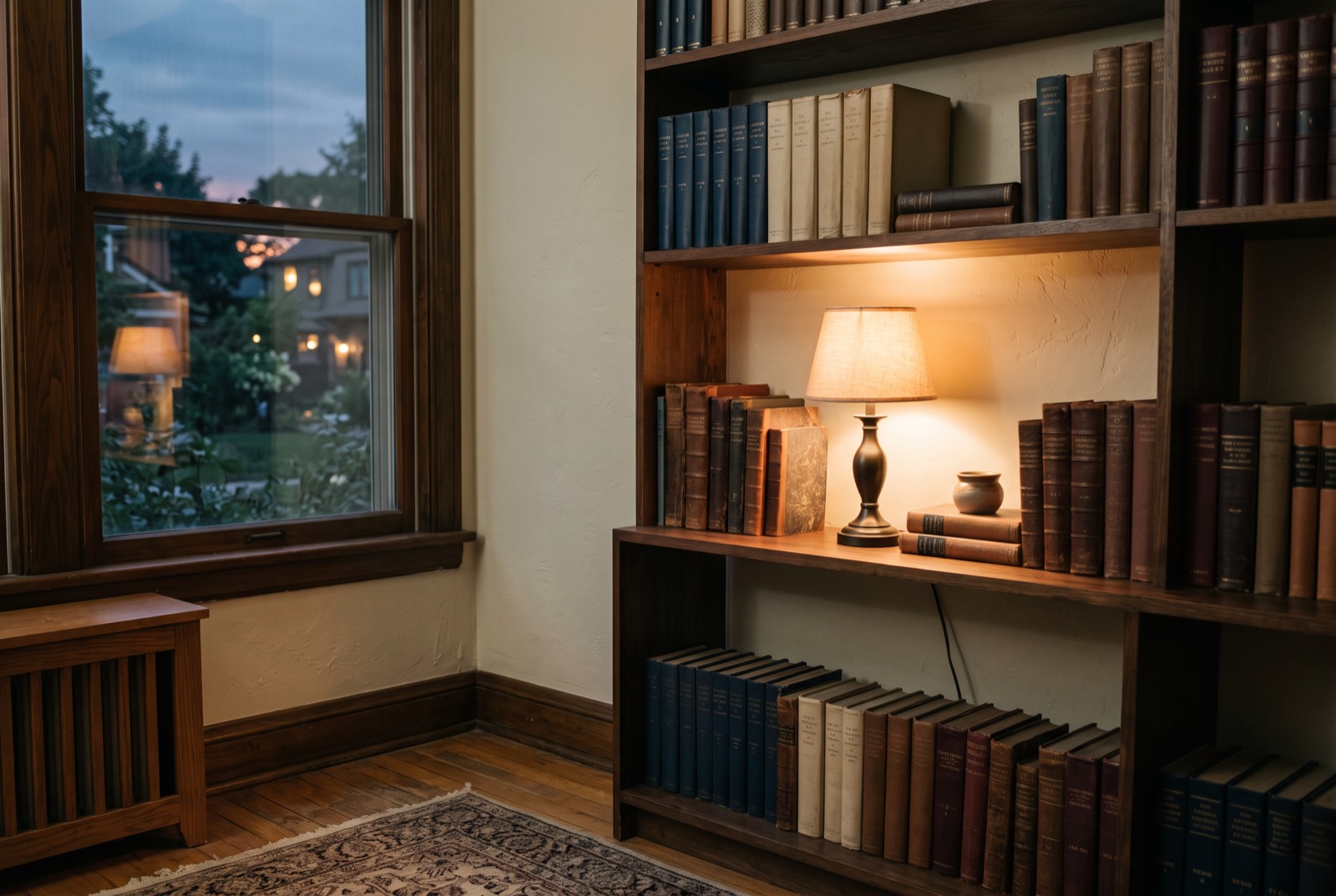 A study shelf with leather volumes and a small lamp