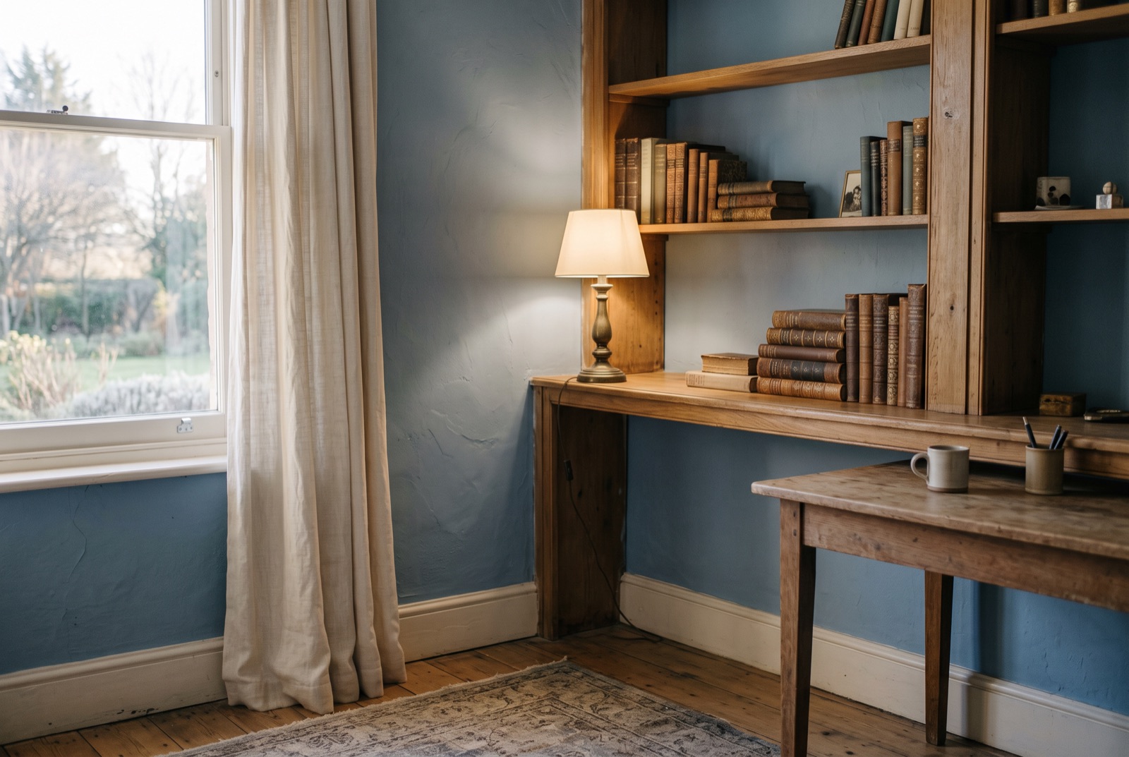 A study shelf with leather volumes and a small lamp