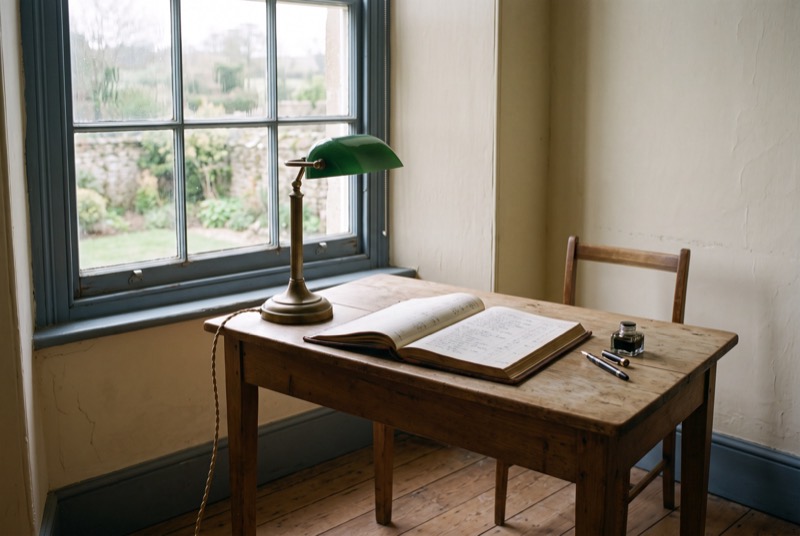 A desk with a ledger