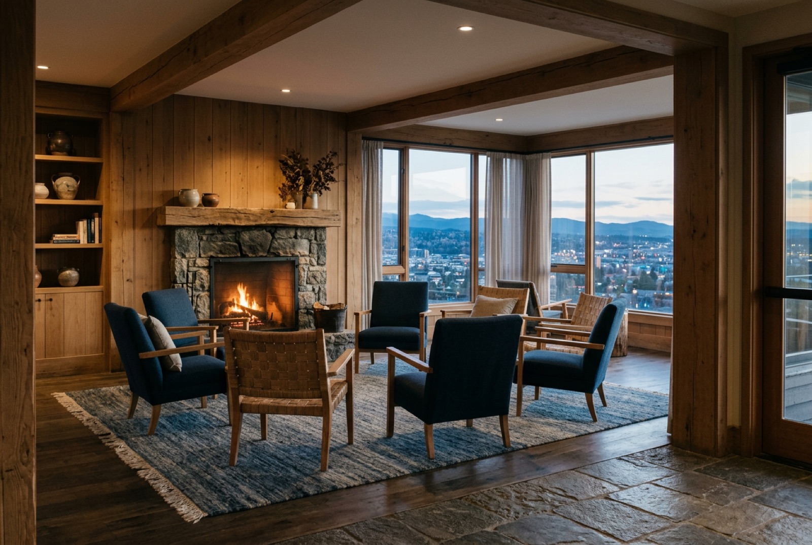 A retreat lodge lounge with a fire and a circle of chairs