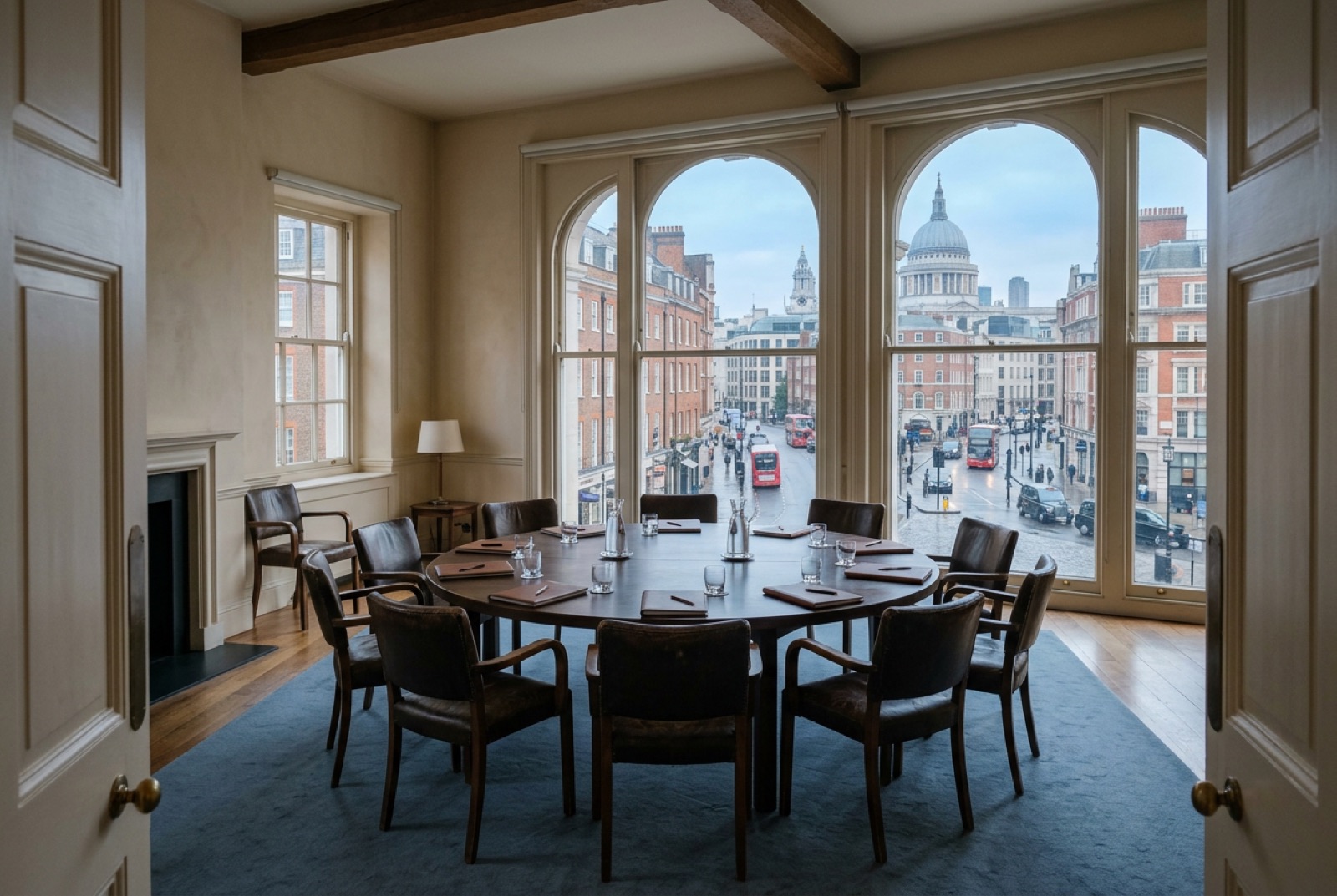 A round forum table with twelve leather chairs in a top-floor meeting room