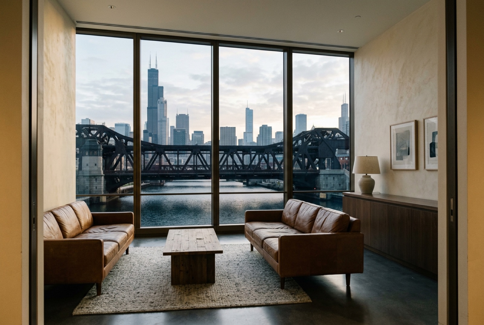 A reception lounge of a tower office with leather sofas