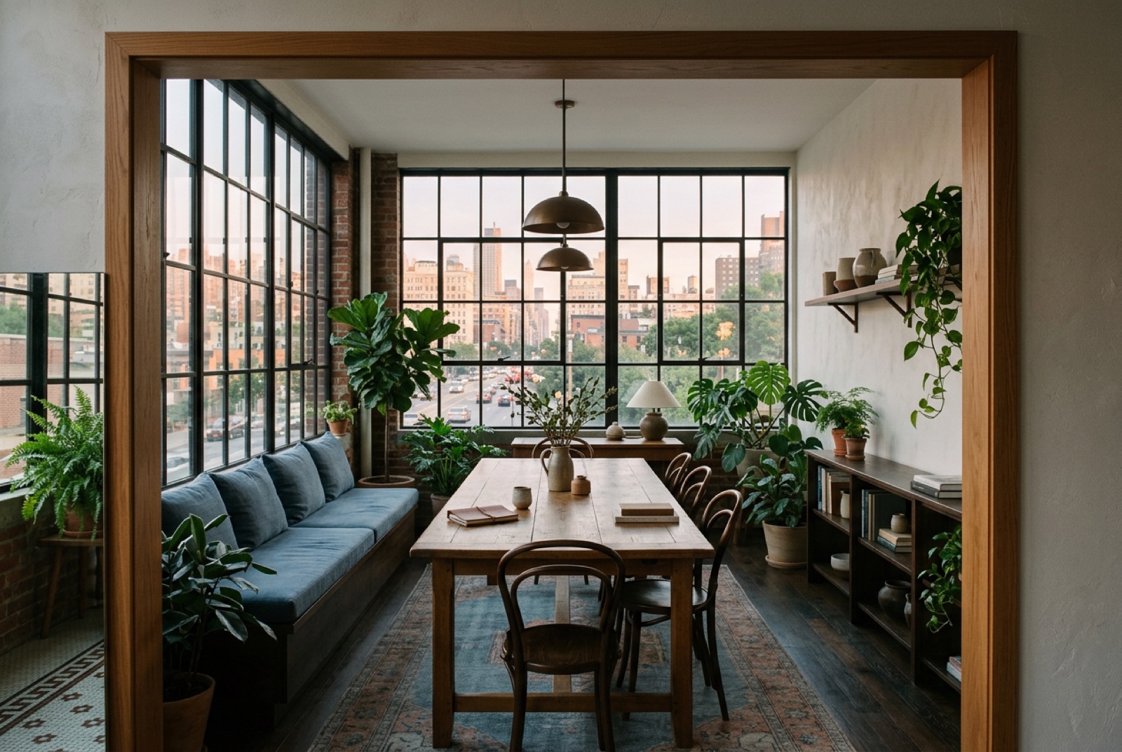 A sunlit workspace lounge with a long communal table and plants