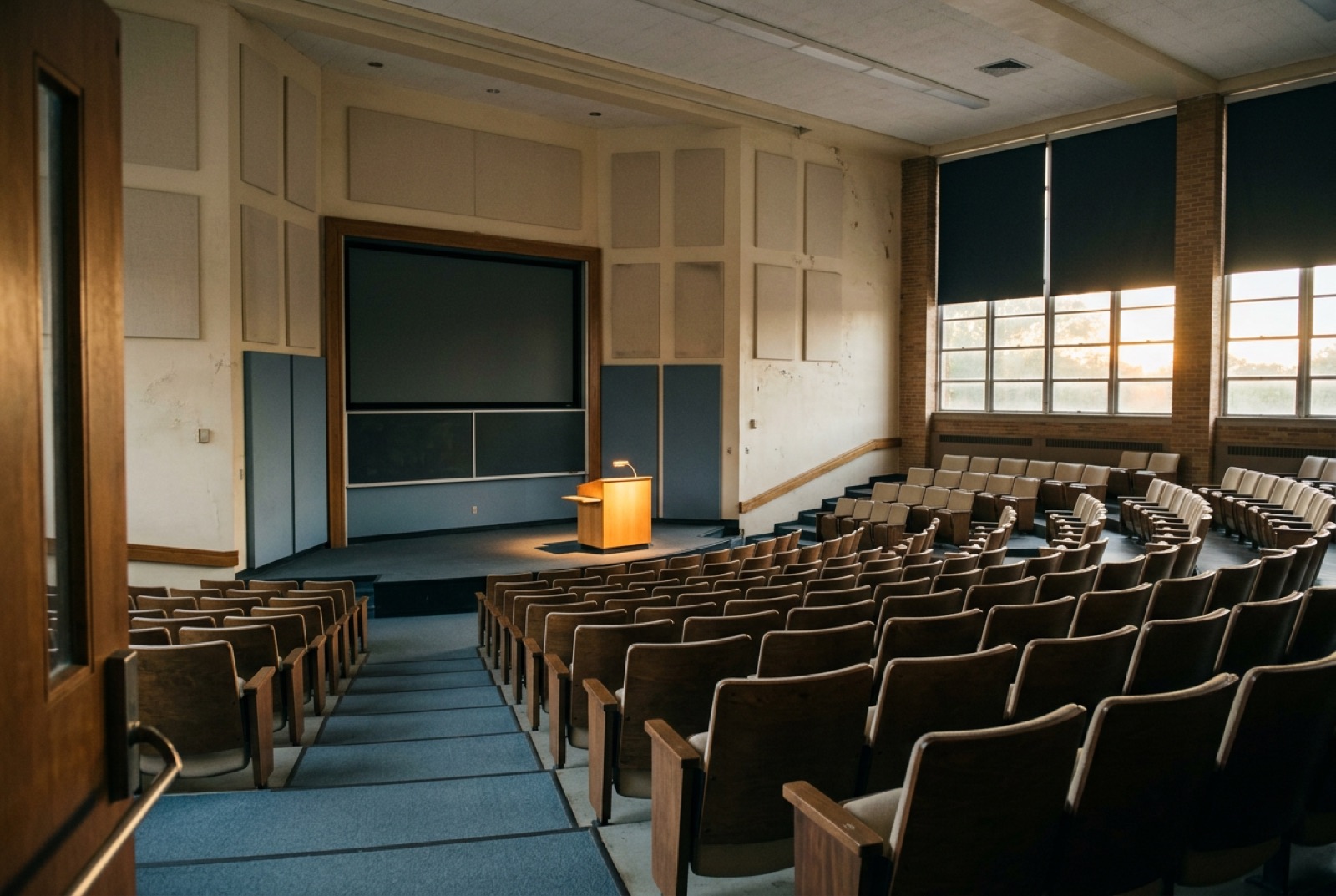A lecture theatre with tiered seats and a lit lectern