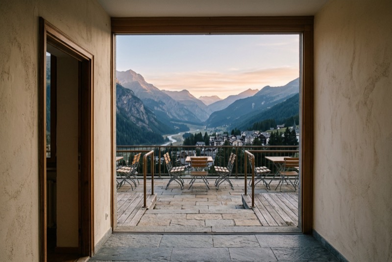 A congress hall terrace above an alpine valley at dawn
