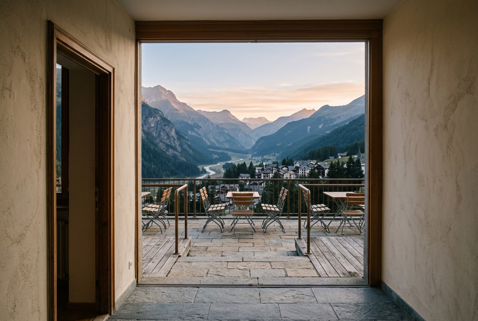 A congress hall terrace above an alpine valley at dawn