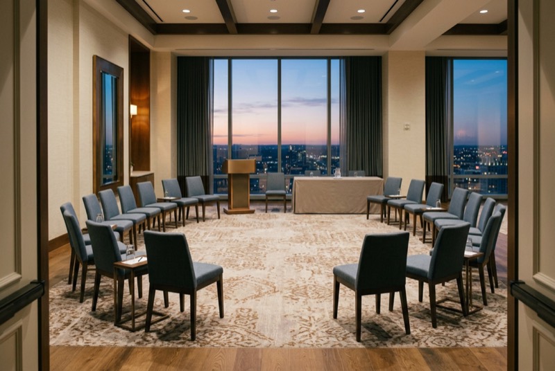 A hotel salon set for a breakfast panel