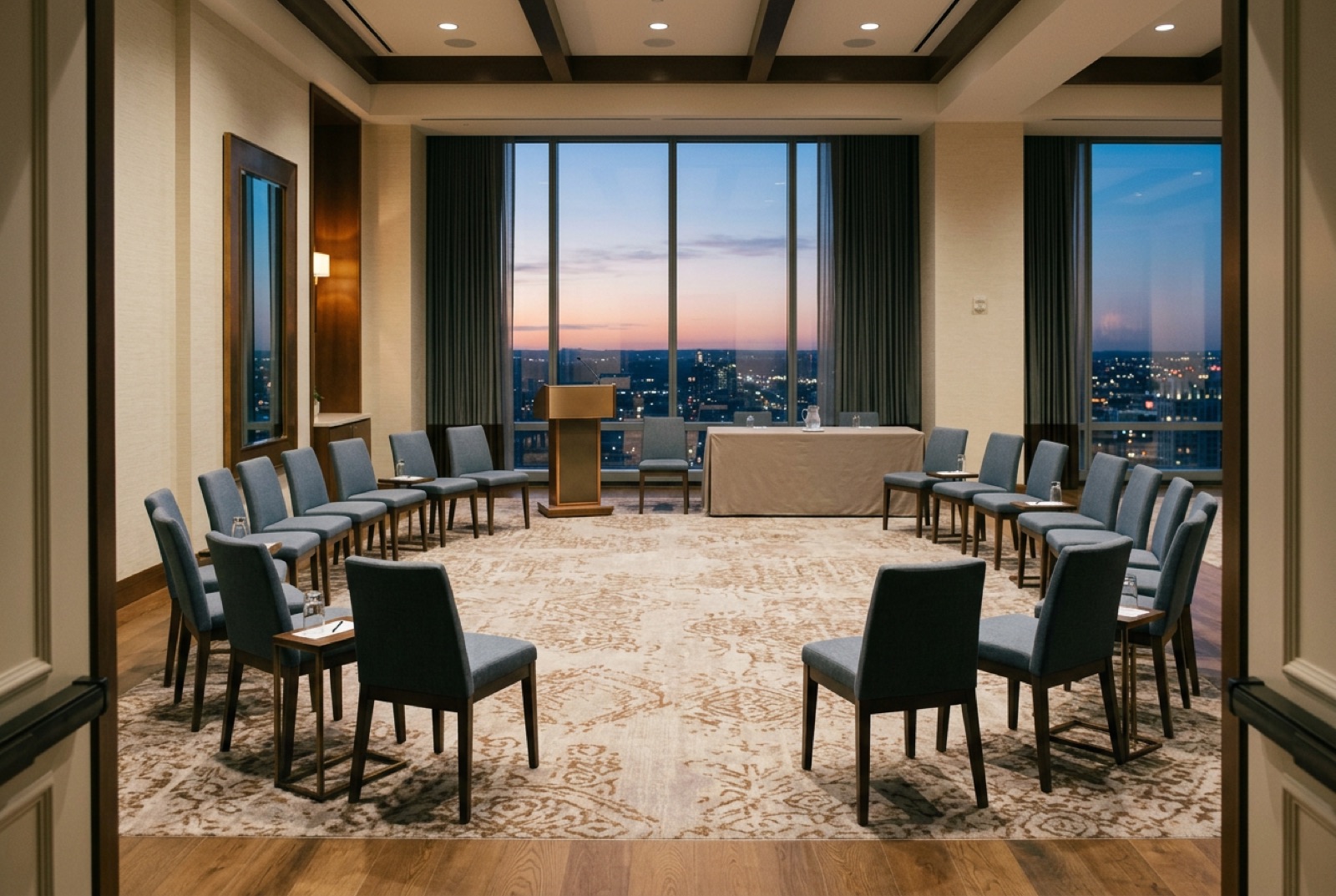 A hotel salon set for a breakfast panel