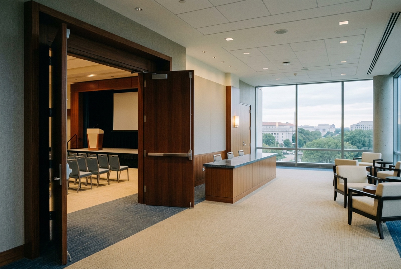 A conference foyer with a stage visible through open doors