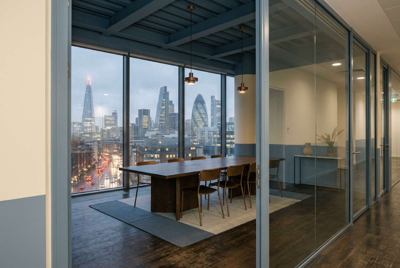 A glass boardroom high above a financial district at dusk